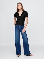 Gap Black Linen-Blend Lace V-Neck Top - Image 3 of 5