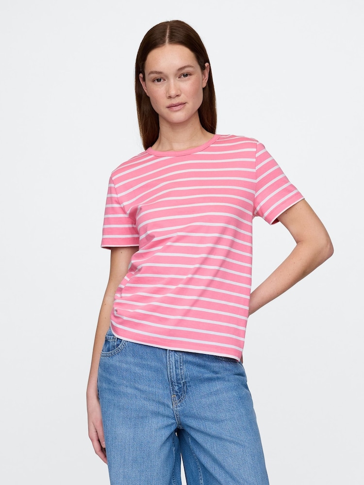 Gap Pink/White Stripe Crew Neck Vintage Short Sleeve T-Shirt - Image 1 of 5