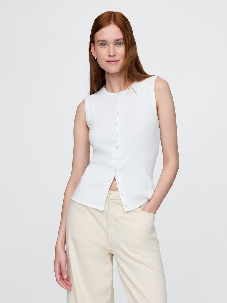Gap White Cotton-Modal Modern Ribbed Cardigan Vest - Image 1 of 5