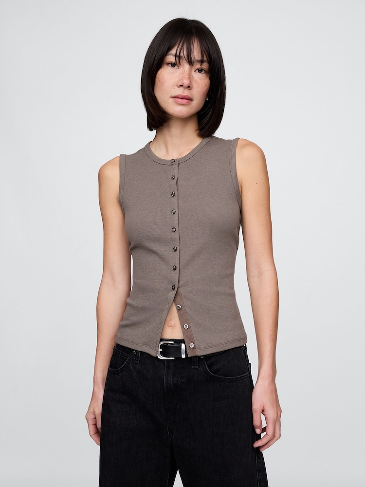 Gap Brown Cotton-Modal Modern Ribbed Cardigan Vest - Image 1 of 5