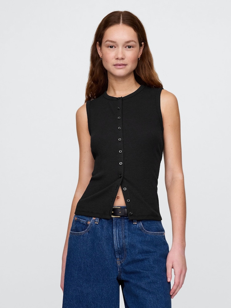 Gap Black Cotton-Modal Modern Ribbed Cardigan Vest - Image 1 of 5