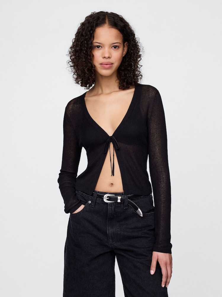 Gap Black Sheer Rib Cropped Tie-Front Cardigan - Image 1 of 4