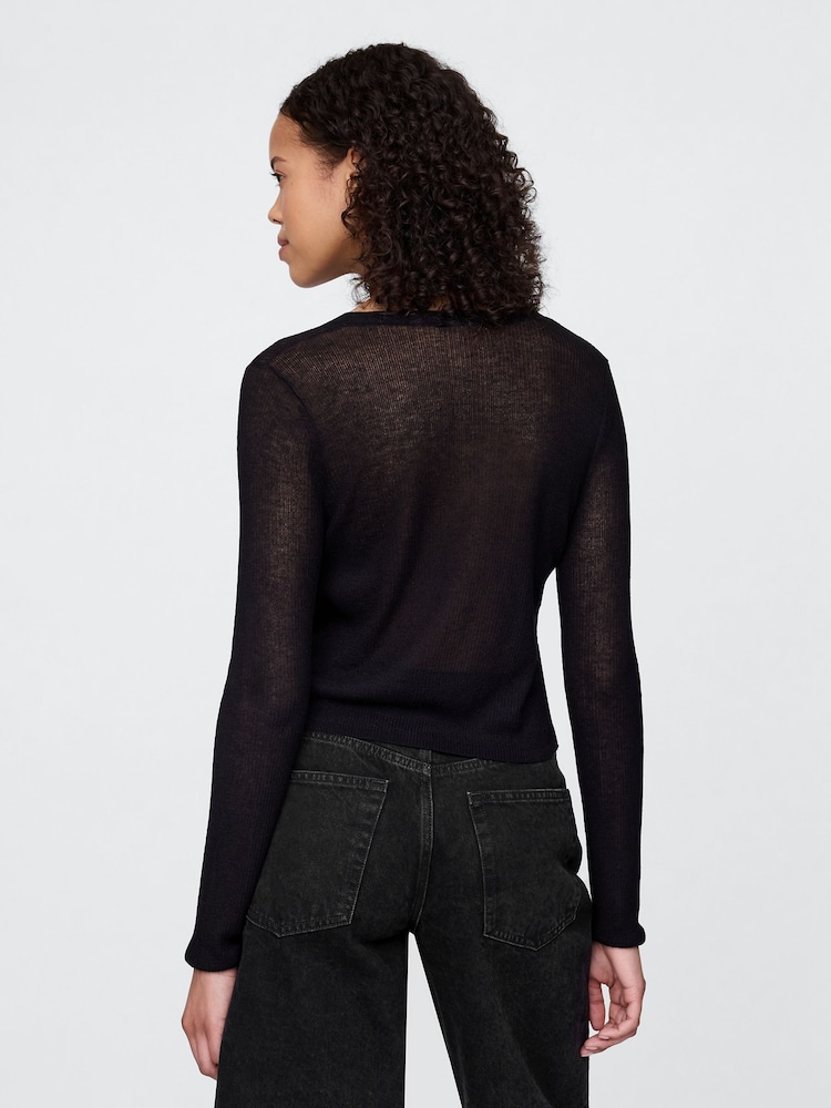 Gap Black Sheer Rib Cropped Tie-Front Cardigan - Image 2 of 4 Gap Black Sheer Rib Cropped Tie-Front Cardigan - Image 2 of 4