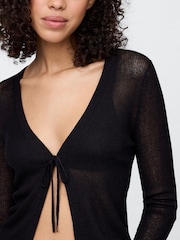 Gap Black Sheer Rib Cropped Tie-Front Cardigan - Image 3 of 4