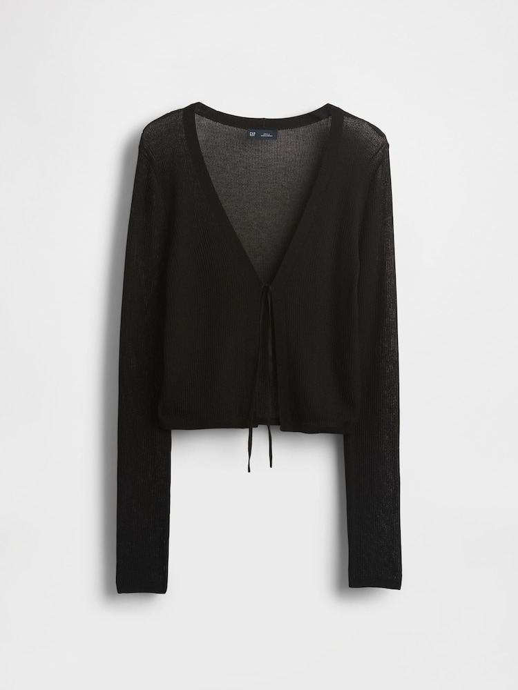 Gap Black Sheer Rib Cropped Tie-Front Cardigan - Image 4 of 4 Gap Black Sheer Rib Cropped Tie-Front Cardigan - Image 4 of 4