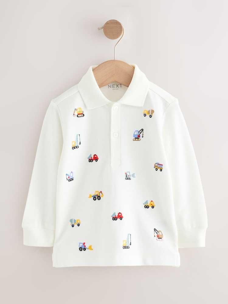 White Digger All-Over Embroidered Long Sleeve Polo Shirt (3mths-7yrs) - Image 1 of 4