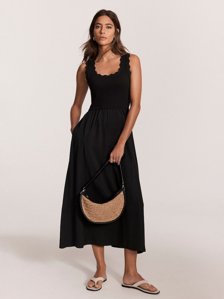 Mint Velvet Black Scallop Trim Midi Dress - Image 1 of 7