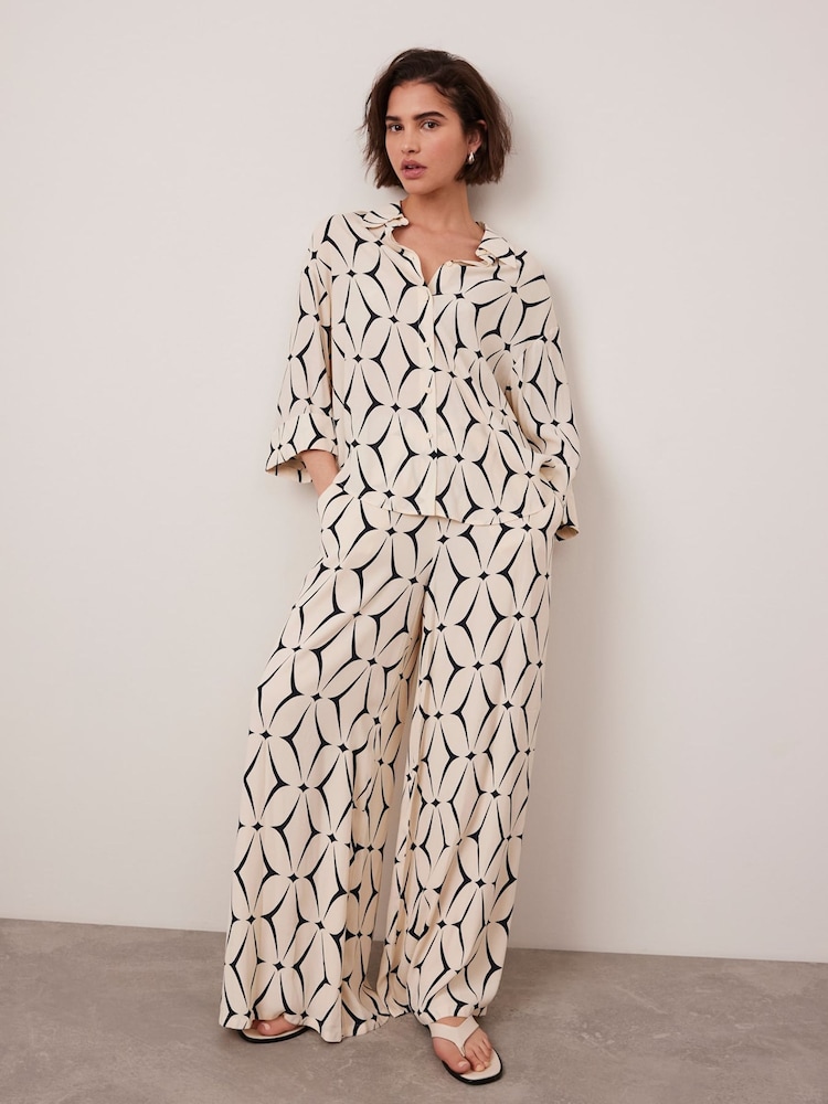 Mint Velvet Cream Geo Print Wide Leg Trousers - Image 1 of 8
