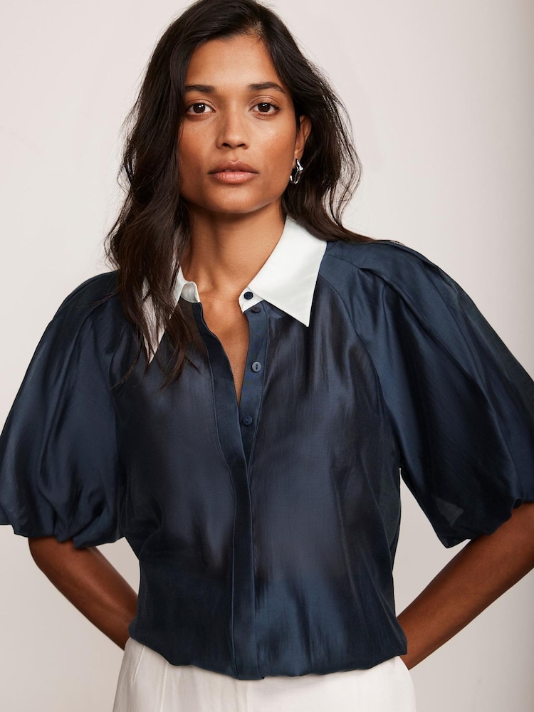 Mint Velvet Blue Contrast Collar Blouses - Image 1 of 8