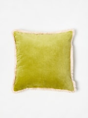 Oliver Bonas Green Issey Velvet Fringed Cushion Cover - Image 1 of 3
