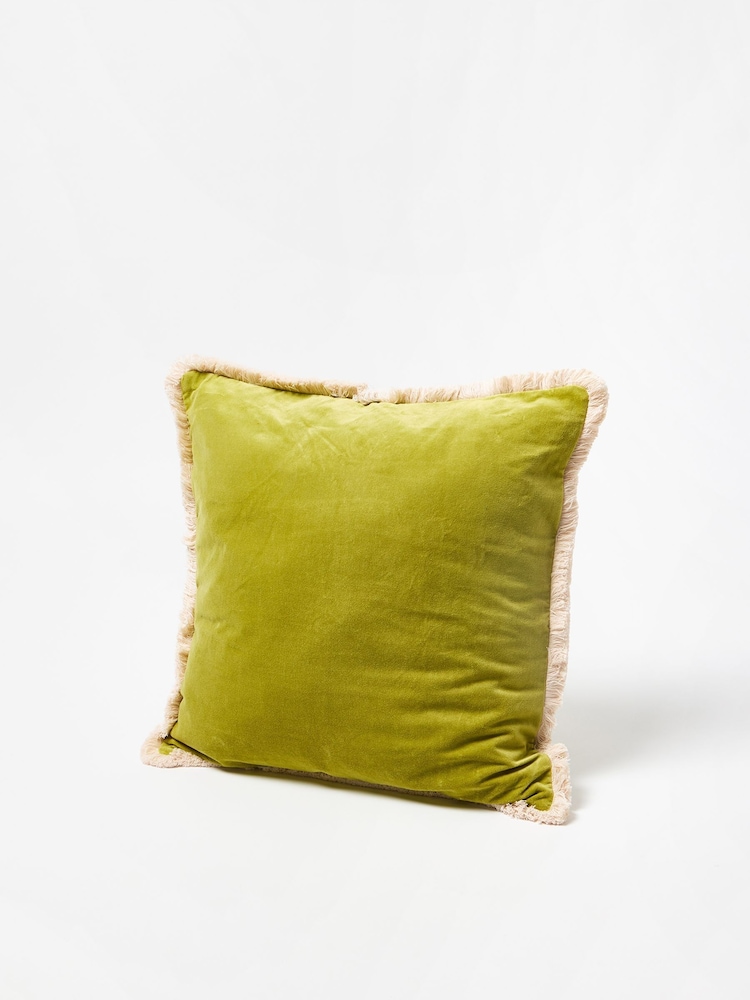 Oliver Bonas Green Issey Velvet Fringed Cushion Cover - Image 2 of 3