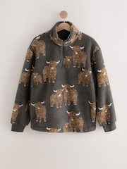 Charcoal Grey Hamish The Highland Cow Print Borg Half Zip Fleece - Image 1 of 3