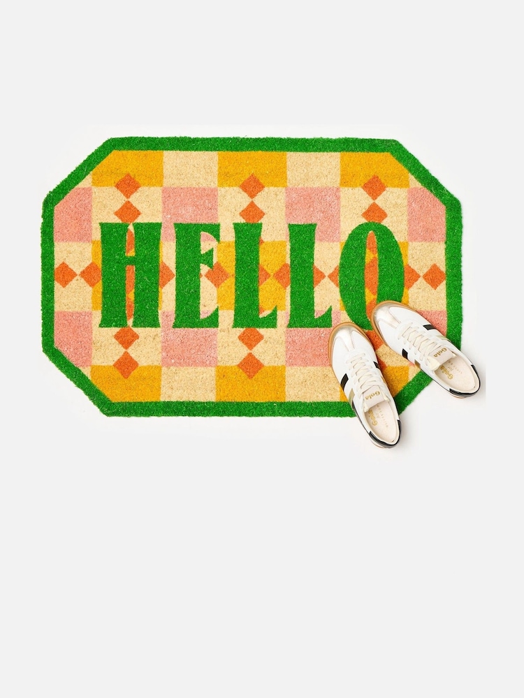Oliver Bonas Green Hello Tiled Door Mat - Image 1 of 4