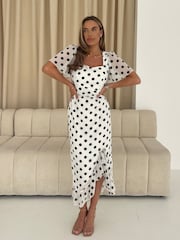 Girl In Mind Heidi Spot Print Shiffon Ruched Midi Dress - Image 2 of 6