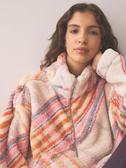 برتقالي مربعات - سترة فليس فرو صناعي بنصف سحاب - صورة 4 من 8