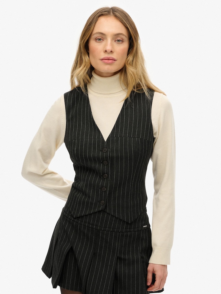 Superdry Charcoal Pinstripe Waistcoat - Image 1 of 6 Superdry Charcoal Pinstripe Waistcoat - Image 1 of 6
