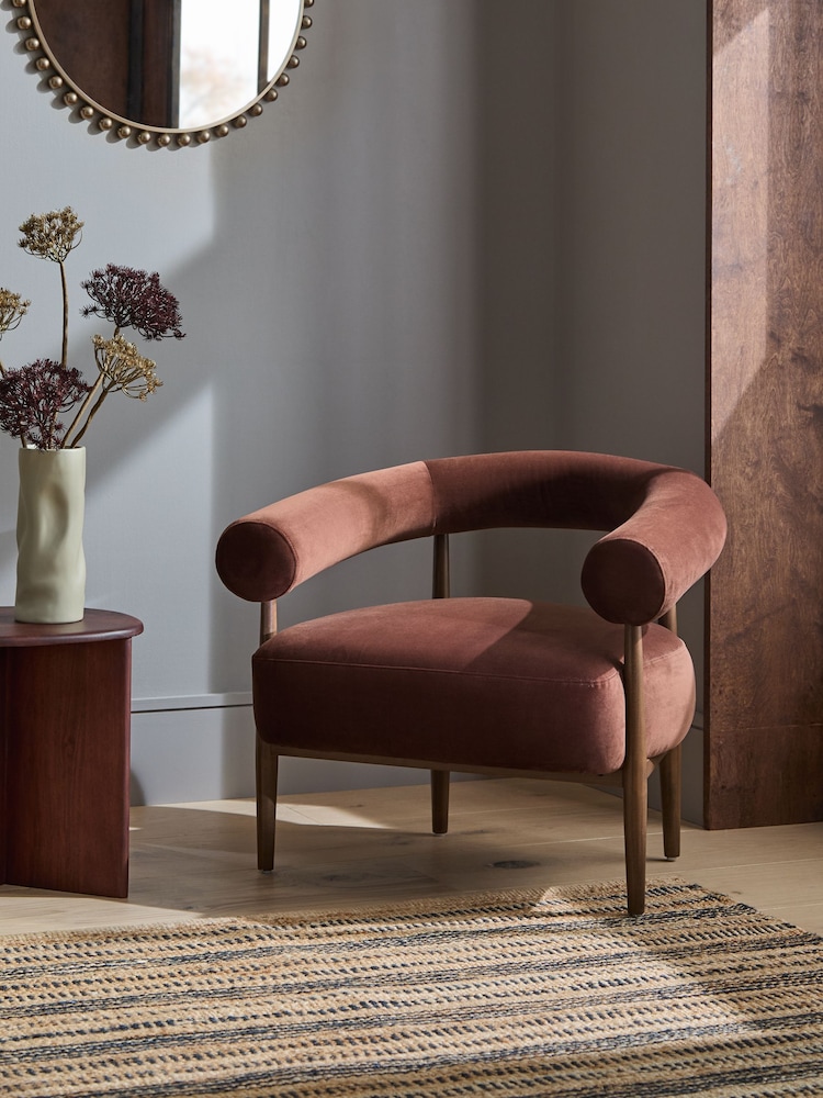 Soft Velvet Chestnut Brown Gale Wooden Accent Chair - Image 1 of 9 Soft Velvet Chestnut Brown Gale Wooden Accent Chair - Image 1 of 9