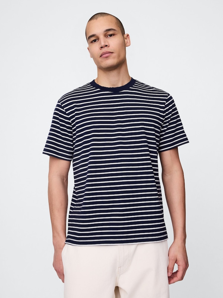 Gap Navy Blue Stripe Heavyweight Original T-Shirt - Image 1 of 5