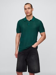 Gap Dark Green Textured Crochet Short Sleeve Polo Shirt - Image 1 of 5