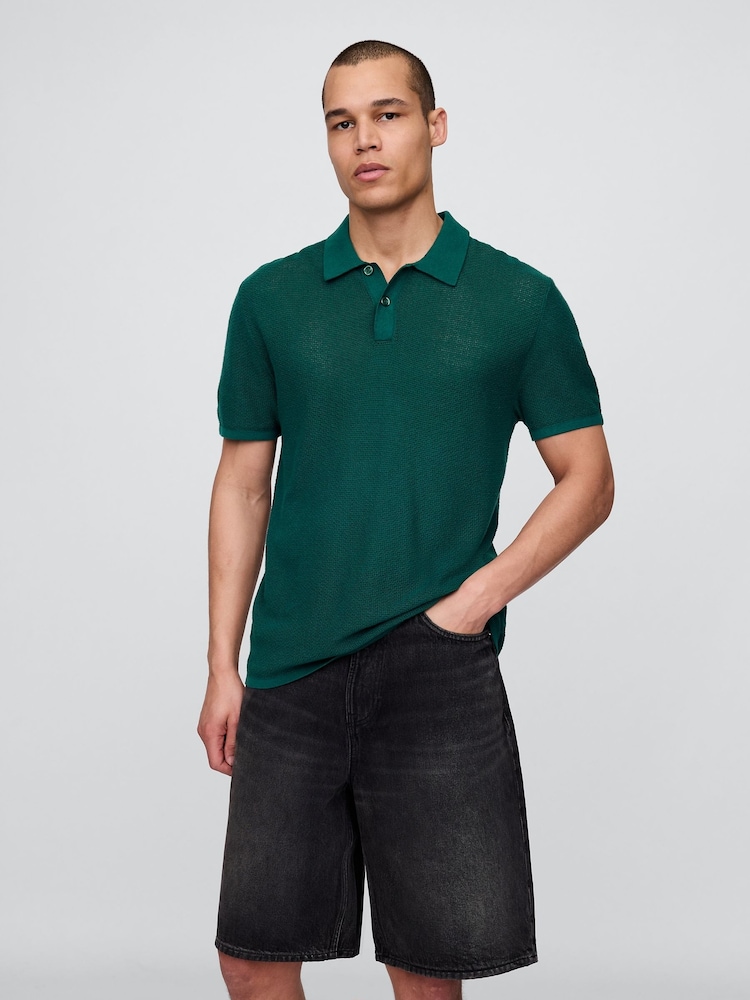Gap Dark Green Textured Crochet Short Sleeve Polo Shirt - Image 1 of 5