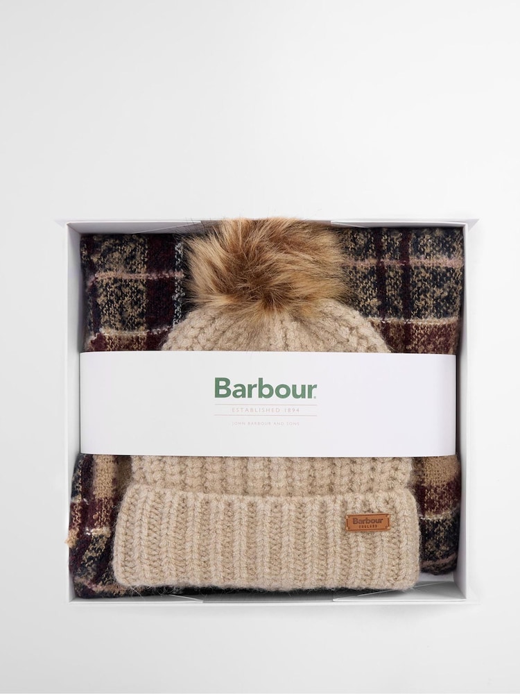 Barbour® Beige Saltburn Pom Beanie Hat & Scarf Gift Box Set - Image 2 of 7