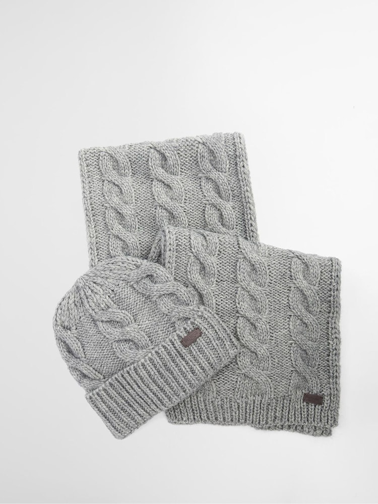 Barbour® Grey Jesmond Beanie Hat & Scarf Gift Box Set - Image 1 of 6