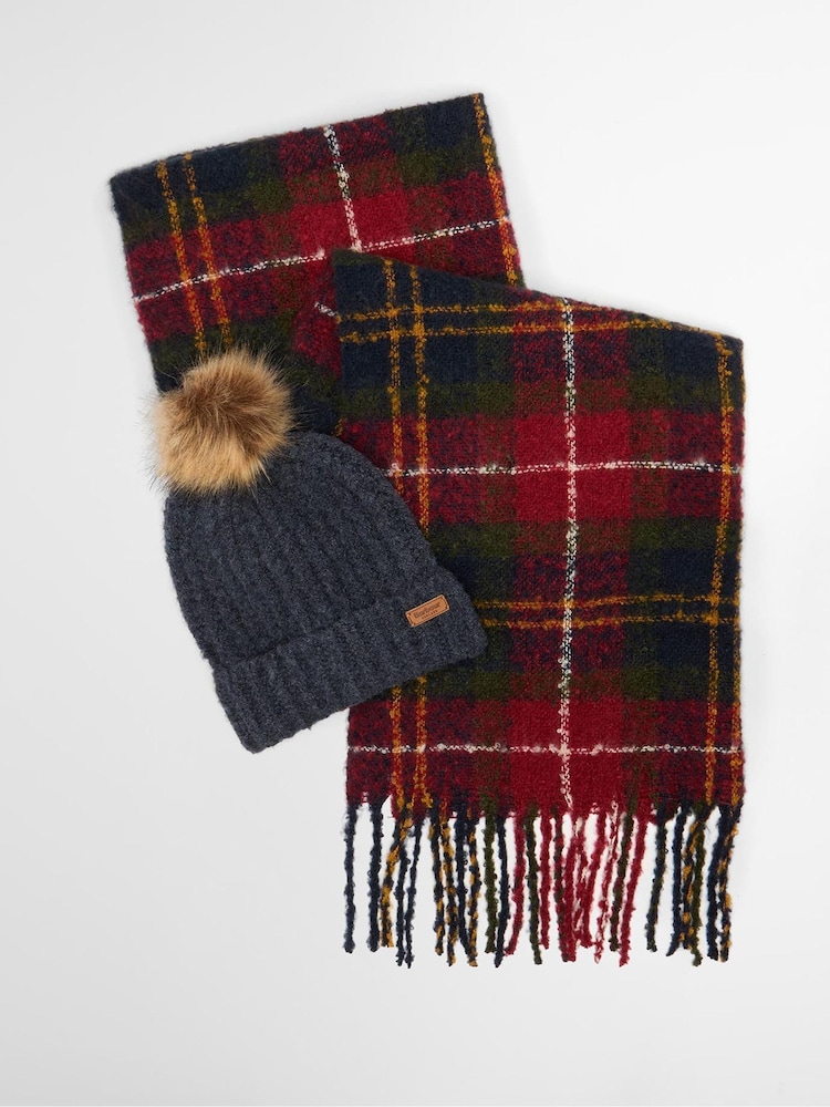 Barbour® Red Saltburn Pom Beanie Hat & Scarf Gift Box Set - Image 1 of 9