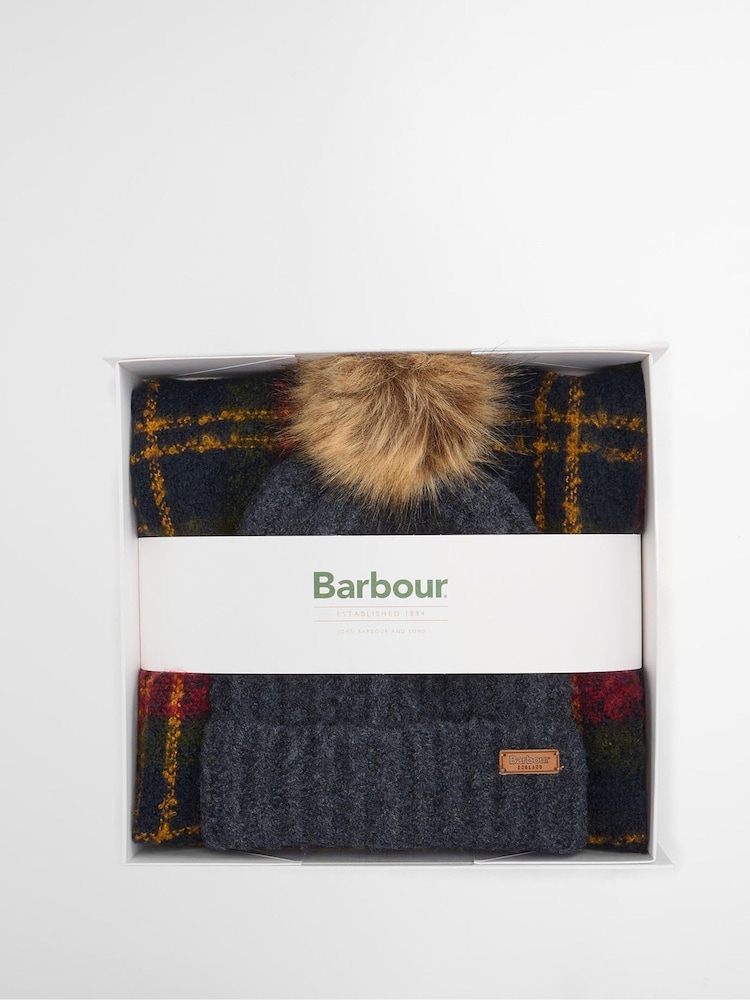 Barbour® Red Saltburn Pom Beanie Hat & Scarf Gift Box Set - Image 2 of 9