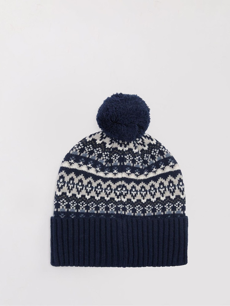 Barbour® Blue Marlow Fairisle Pom Beanie Hat - Image 2 of 4 Barbour® Blue Marlow Fairisle Pom Beanie Hat - Image 2 of 4