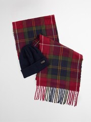 Barbour® Red Tartan Swinton Beanie Hat & Scarf Gift Box Set - Image 1 of 7