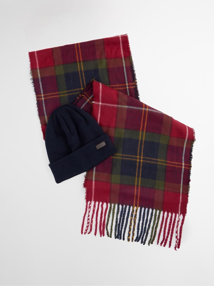 Barbour® Red Tartan Swinton Beanie Hat & Scarf Gift Box Set - Image 1 of 7