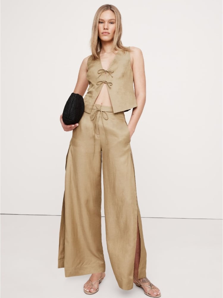 Banana Republic Beige Ultra High Rise Wide Leg Slit Trousers - Image 1 of 4 Banana Republic Beige Ultra High Rise Wide Leg Slit Trousers - Image 1 of 4