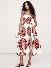 Banana Republic Red/White Print Cotton Poplin Side Cut-Out Midi Dress - Image 1 of 5