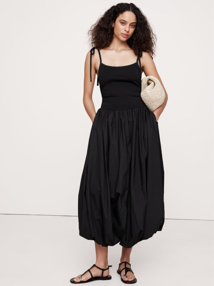Banana Republic Black Strappy Poplin Bubble Midi Dress - Image 1 of 4