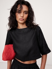 Banana Republic Black Linen Boat-Neck Cropped Top - Image 1 of 4