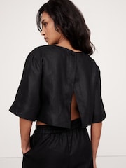Banana Republic Black Linen Boat-Neck Cropped Top - Image 2 of 4