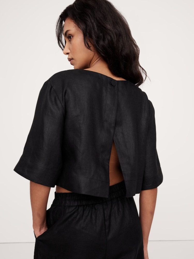 Banana Republic Black Linen Boat-Neck Cropped Top - Image 2 of 4