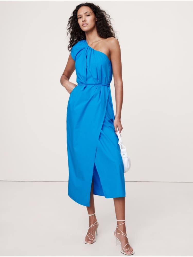 Banana Republic Blue Ruched Cotton Poplin One-Shoulder Maxi Dress - Image 1 of 5 Banana Republic Blue Ruched Cotton Poplin One-Shoulder Maxi Dress - Image 1 of 5