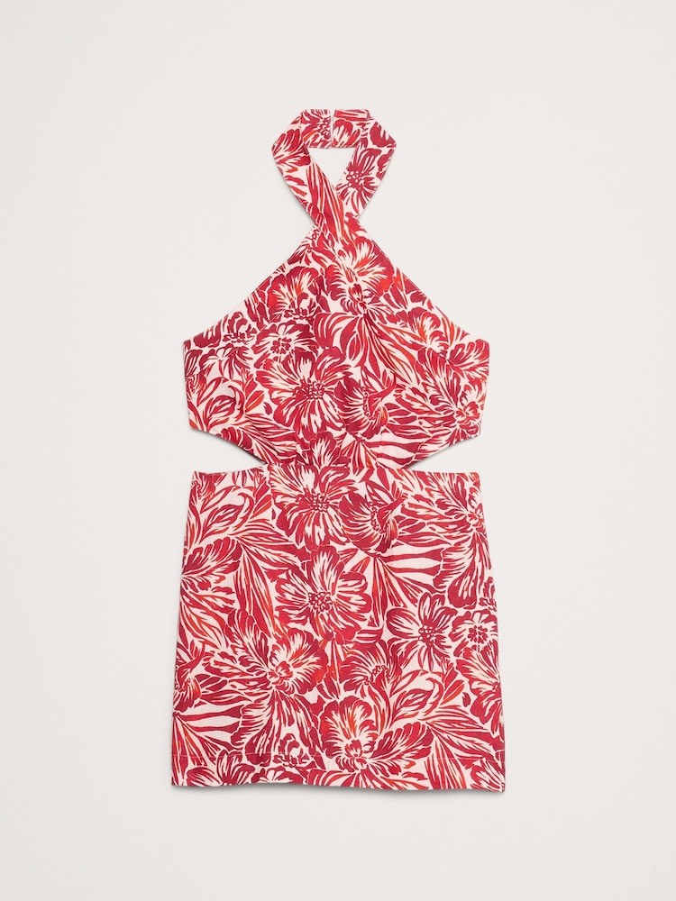 Banana Republic Red/White Floral Linen Halter Cut-Out Mini Dress - Image 5 of 5