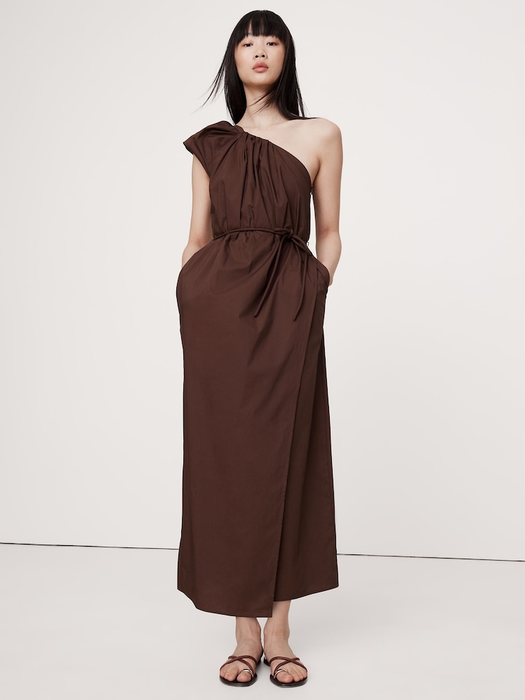 Banana Republic Brown Ruched Cotton Poplin One-Shoulder Maxi Dress - Image 1 of 1