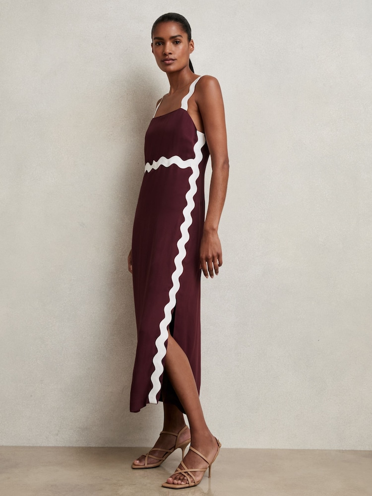 Reiss Burgundy Asher Wave-Trim Crepe Midi Dress - Image 1 of 6
