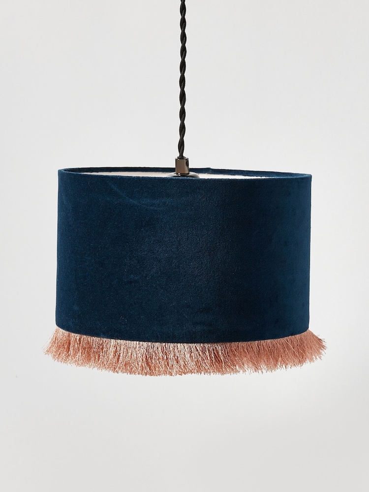 Oliver Bonas Blue Ero Velvet And Tassel Drum Lamp Shade - Image 1 of 3