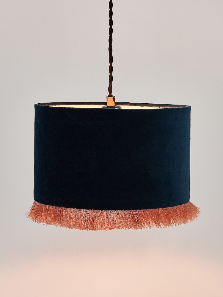 Oliver Bonas Blue Ero Velvet And Tassel Drum Lamp Shade - Image 2 of 3