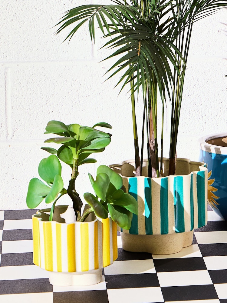 Oliver Bonas Yellow Joya Scalloped Stripe Medium Plant Pot - Image 1 of 6