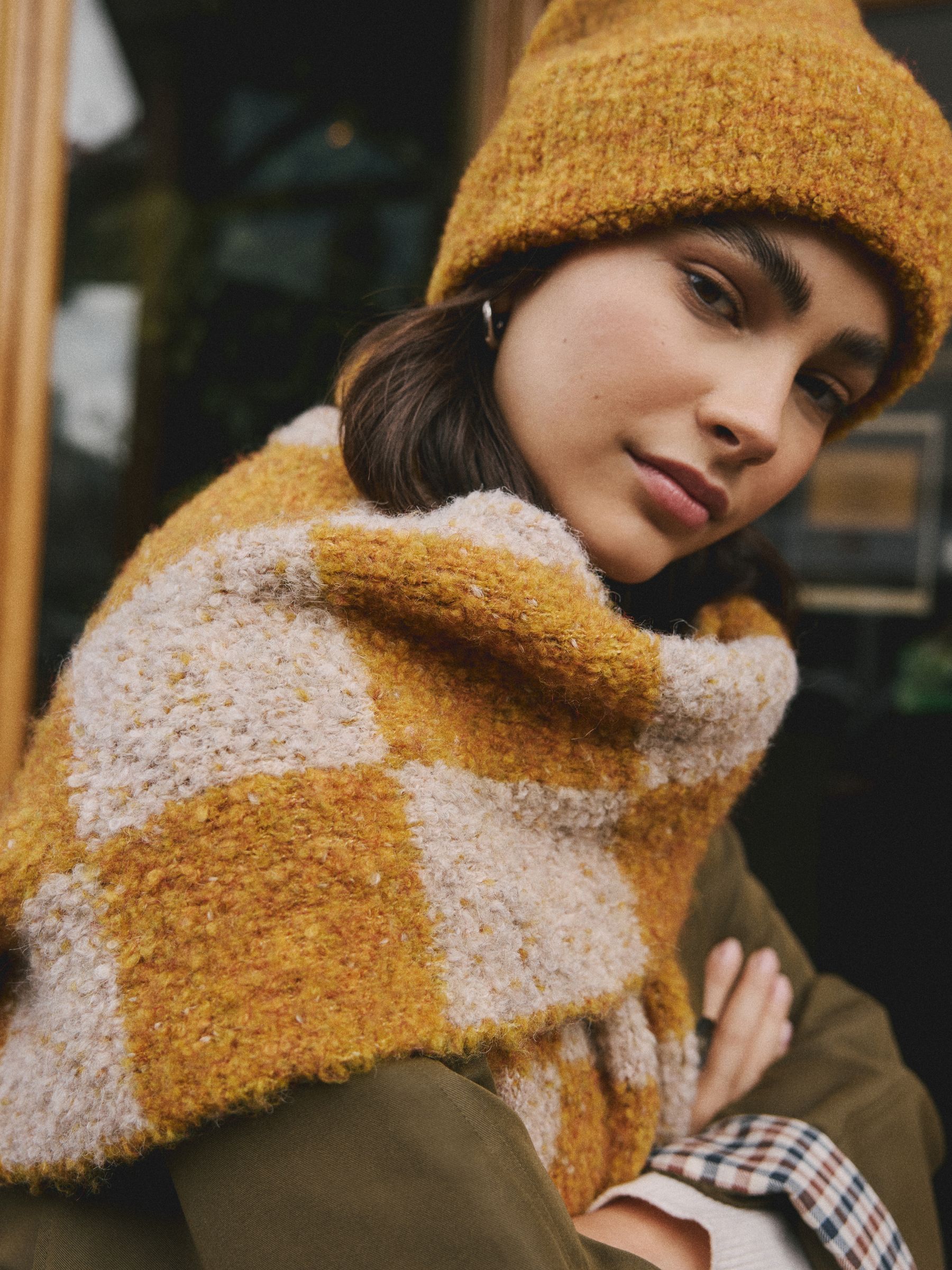 Buy Ochre Yellow Checkerboard Boucle Knitted Heavweight Scarf from