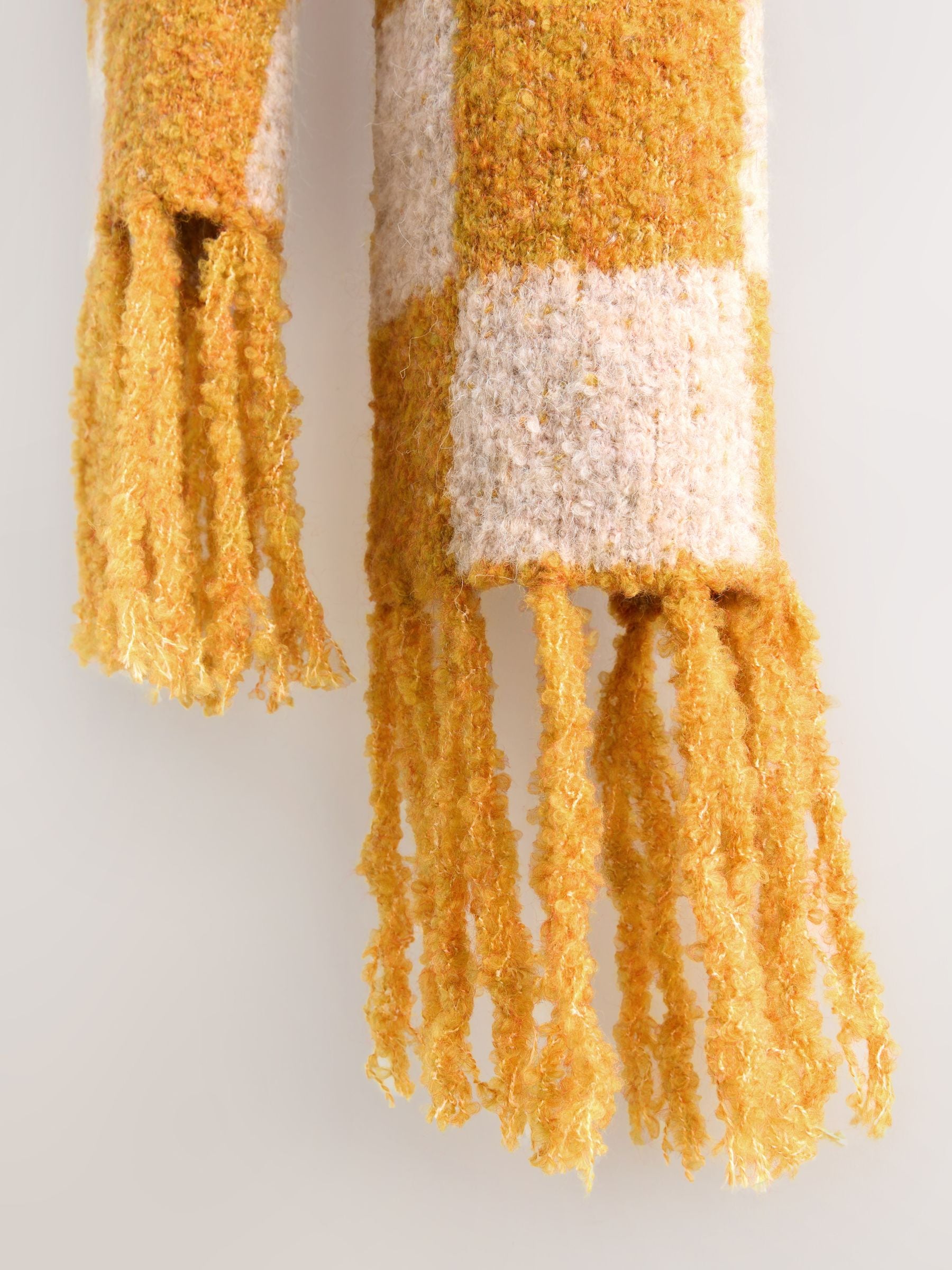 Buy Ochre Yellow Checkerboard Boucle Knitted Heavweight Scarf from