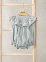 Mamas & Papas Grey Floral Embroidered Frill Shortie 100% Cotton Romper - Image 1 of 3
