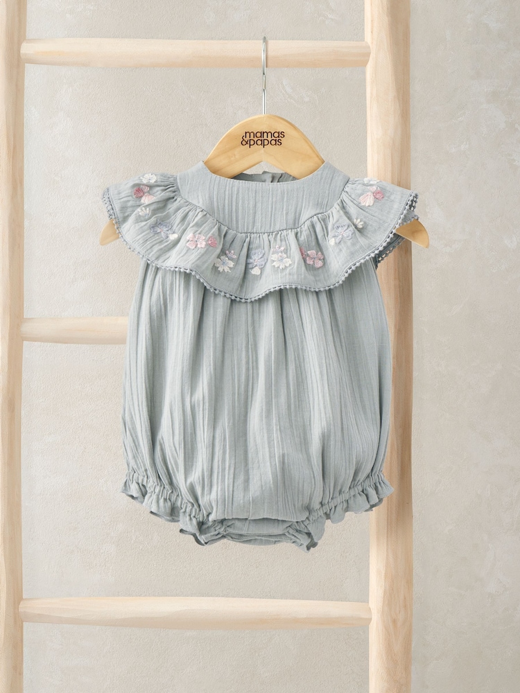 Mamas & Papas Grey Floral Embroidered Frill Shortie 100% Cotton Romper - Image 1 of 3