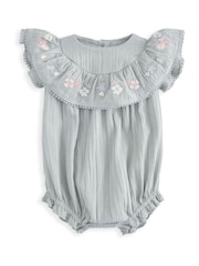 Mamas & Papas Grey Floral Embroidered Frill Shortie 100% Cotton Romper - Image 2 of 3