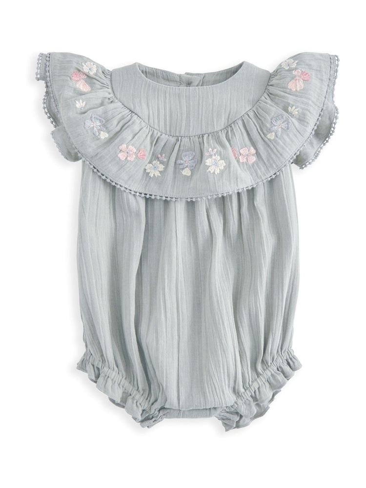 Mamas & Papas Grey Floral Embroidered Frill Shortie 100% Cotton Romper - Image 2 of 3